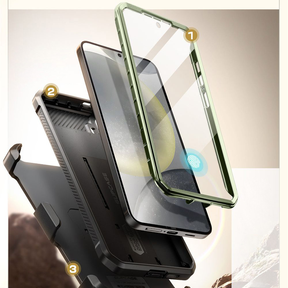 Etui pancerne z osłoną na ekran, z wbudowaną podstawką i kaburą z klipsem obrotowym Supcase Unicorn Beetle Pro do Galaxy S25, zielone